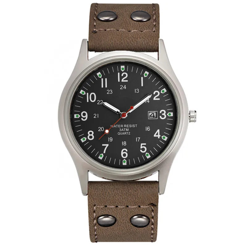MaisonVerde® Men’s Casual Leather Quartz Watch – Black Military Sport Style with Date Display | Lightweight Student Gift Watch