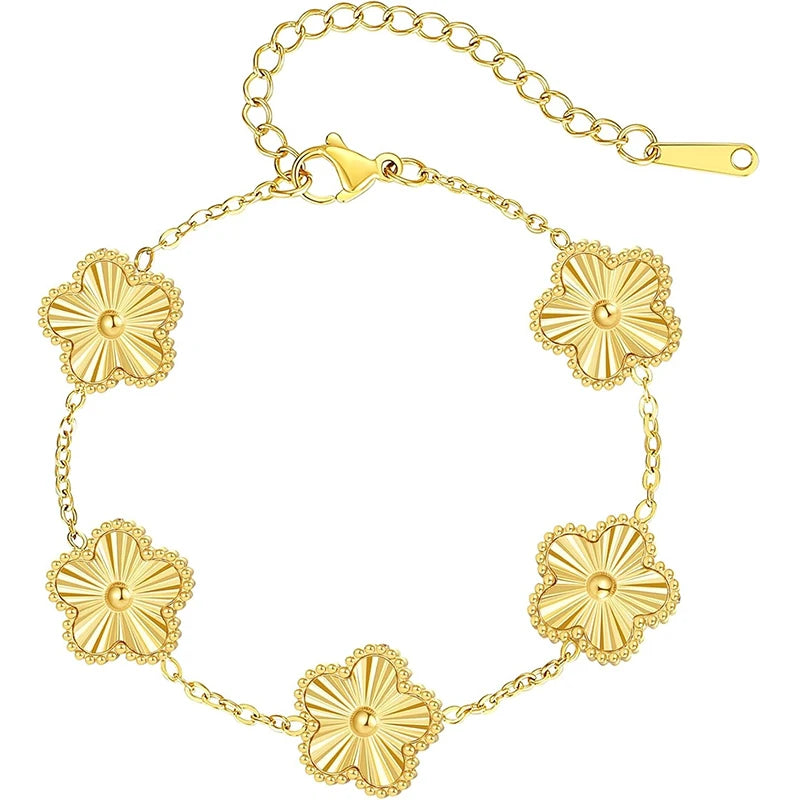 MaisonVerde® Five-Leaf Clover Bracelet – Gold Plated Stainless Steel, Double-Sided Floral Charm | Adjustable Women's Fashion Jewelry