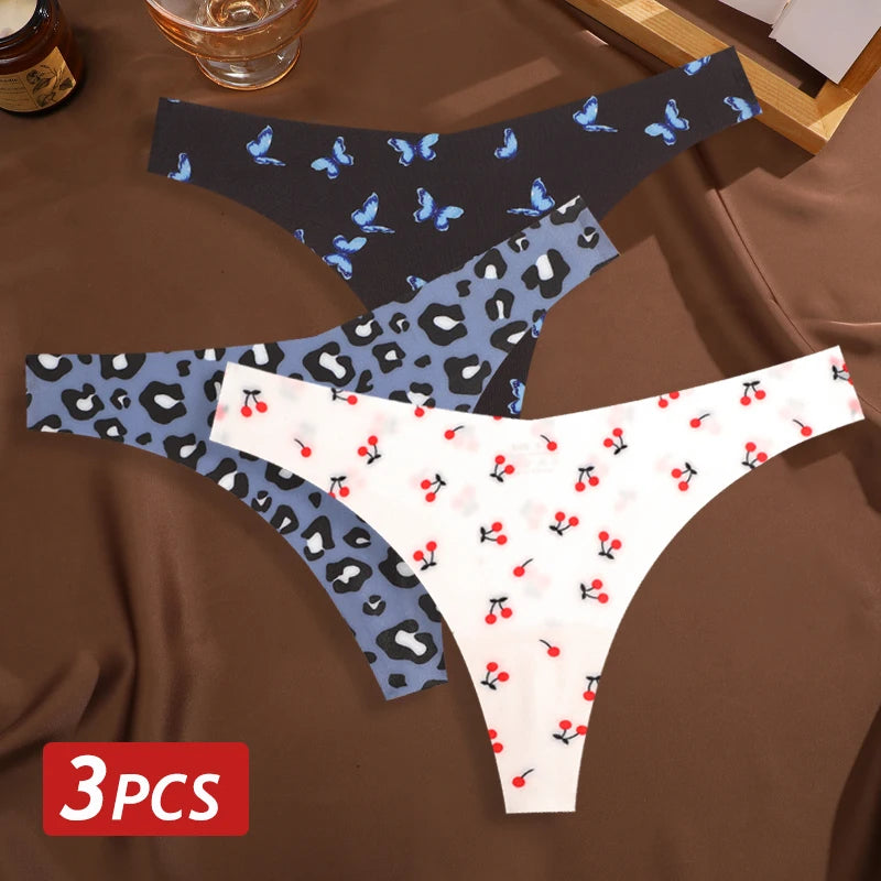 MaisonVerde® 3-Pack Ice Silk G-String Panties – Seamless Low-Rise Thongs for Women | Leopard & Butterfly Print Breathable Lingerie