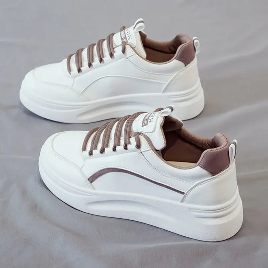 MaisonVerde® Women’s Casual Platform Sneakers – White PU Leather Lace-Up Flats | Comfortable Vulcanized Sole, Fashion Street Style