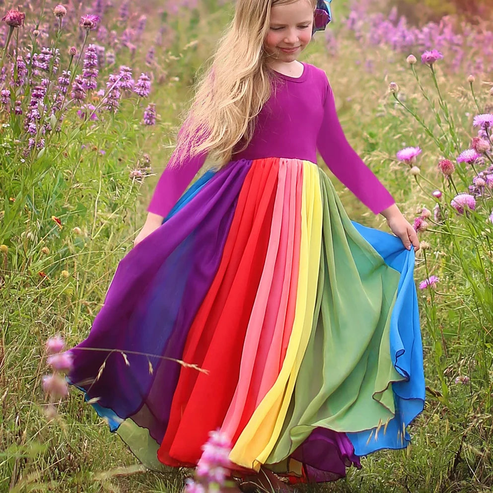 Rainbow Color Block Cotton Dress – Long Sleeve Party Dress for Girls | Fall & Winter Fashion (Ages 4–6) | Maison Verde