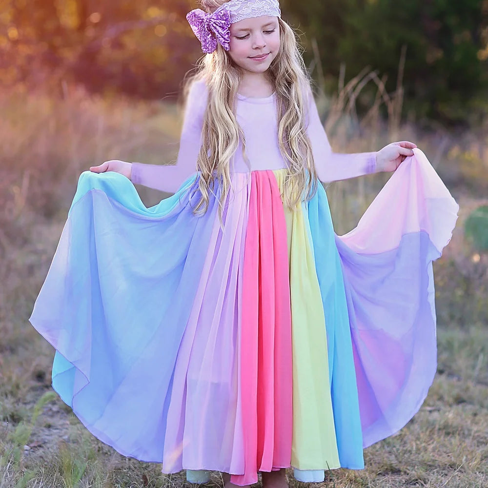 Rainbow Color Block Cotton Dress – Long Sleeve Party Dress for Girls | Fall & Winter Fashion (Ages 4–6) | Maison Verde