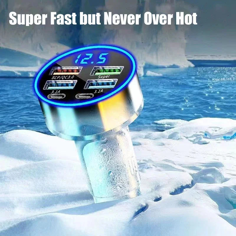 MaisonVerde® 6-in-1 USB-C Car Charger – 130W Super Fast PD & Quick Charge Adapter | Dual Port with Voltage Display for iPhone 15, Samsung, Huawei, OPPO, and More