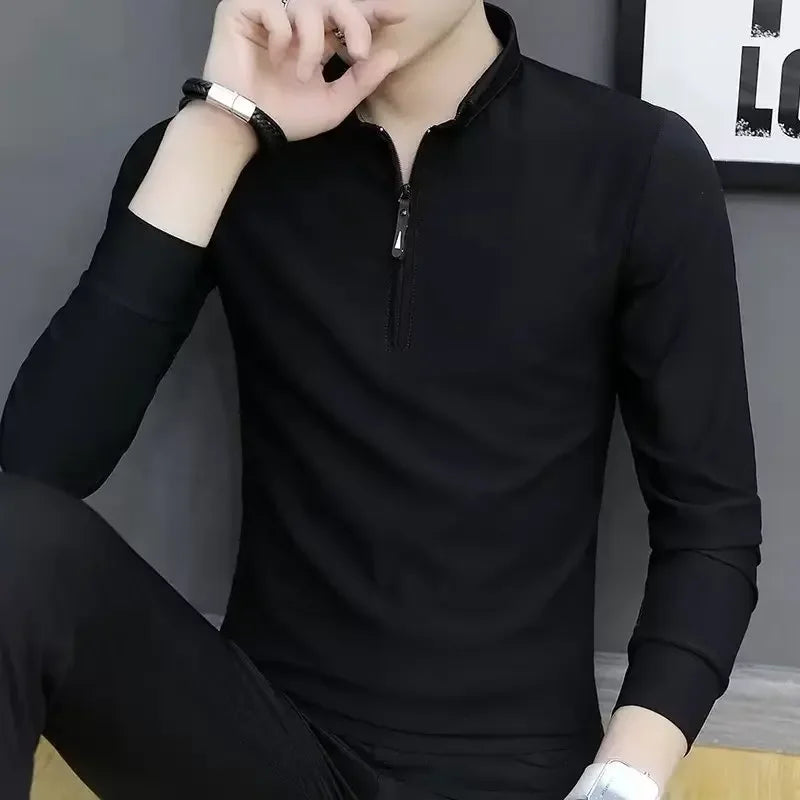 MaisonVerde® Men’s Stand Collar Zip Polo Shirt – Long Sleeve Korean Style Top | Casual Base Layer for Spring & Autumn