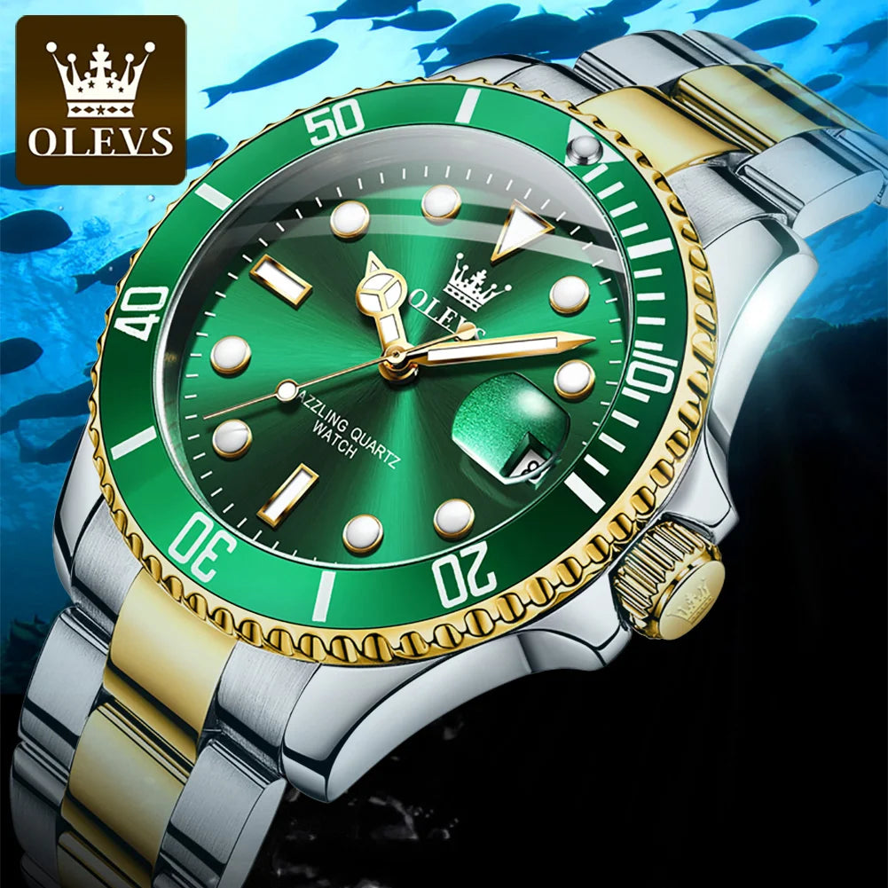 MaisonVerde® Men’s Luxury Quartz Watch – Green Dial, Stainless Steel Strap | Waterproof, Luminous Hands, Business & Casual Style (OLEVS 5885)