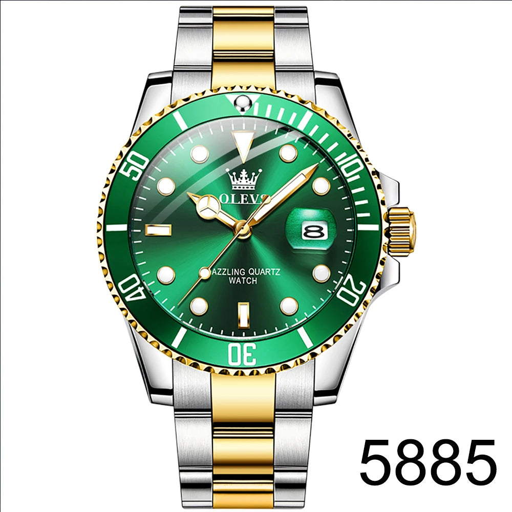 MaisonVerde® Men’s Luxury Quartz Watch – Green Dial, Stainless Steel Strap | Waterproof, Luminous Hands, Business & Casual Style (OLEVS 5885)