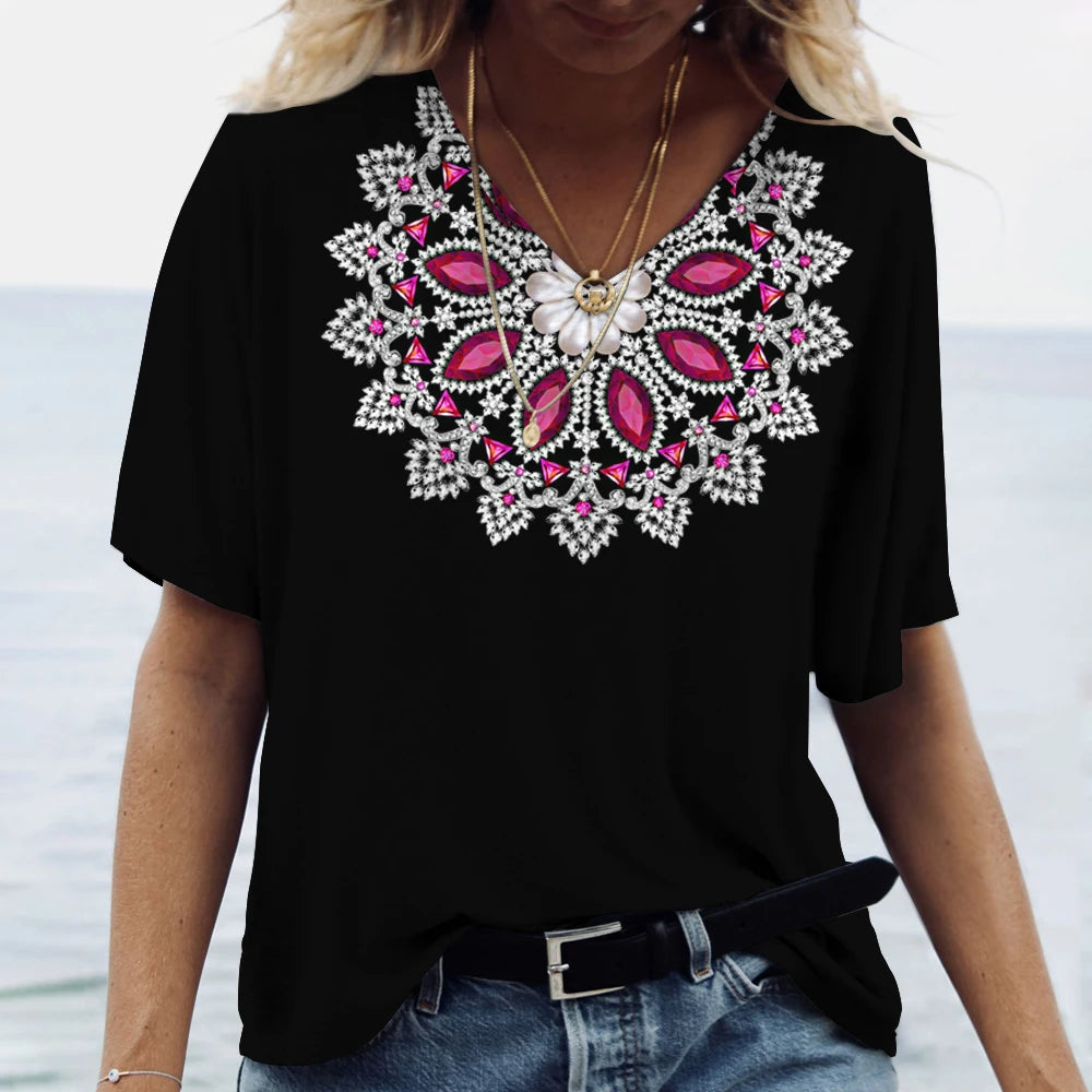 MaisonVerde® Women's Oversized 3D Floral Gradient T-Shirt – V-Neck Harajuku Summer Tee with Short Sleeves | Casual Stretch Jersey Top