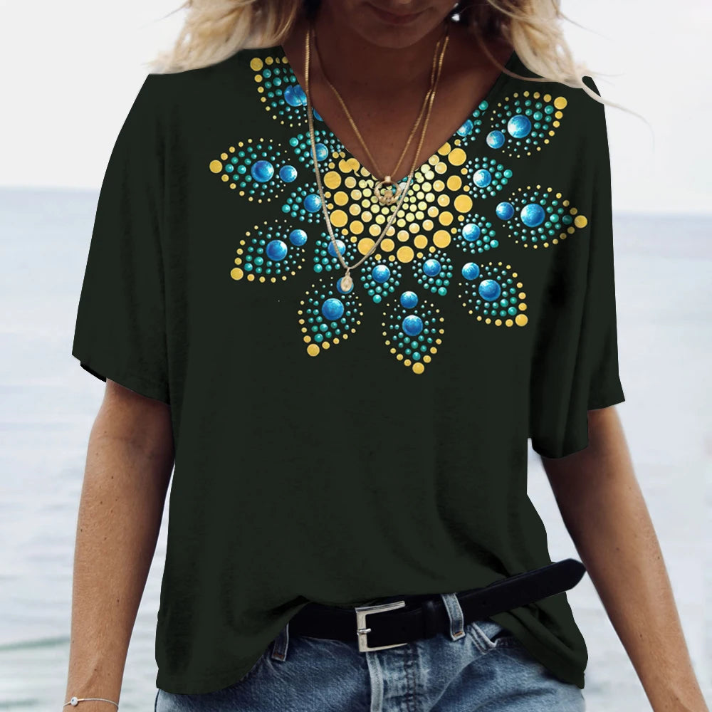 MaisonVerde® Women's Oversized 3D Floral Gradient T-Shirt – V-Neck Harajuku Summer Tee with Short Sleeves | Casual Stretch Jersey Top